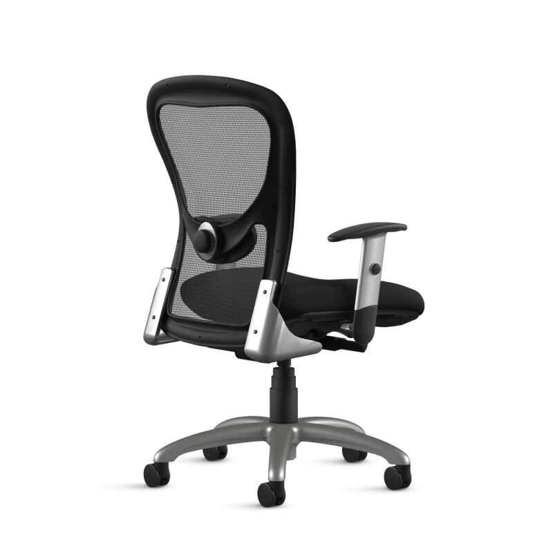 1560 Y2 A95 SF T01 strata task chair silver frame with black fabric back view carpet casters <ul> <li>Aluminum frame and base</li> <li>Upholstered seat</li> <li>Mesh Back</li> <li>A9 Height / Width adjustable arms</li> <li>Height- and depth-adjustable lumbar standard</li> <li>Warranted up to 300 lbs</li> <li>Seat Slider</li> <li>Heavy Duty Casters</li> <li>Optional casters for hardwood floors</li> </ul>
