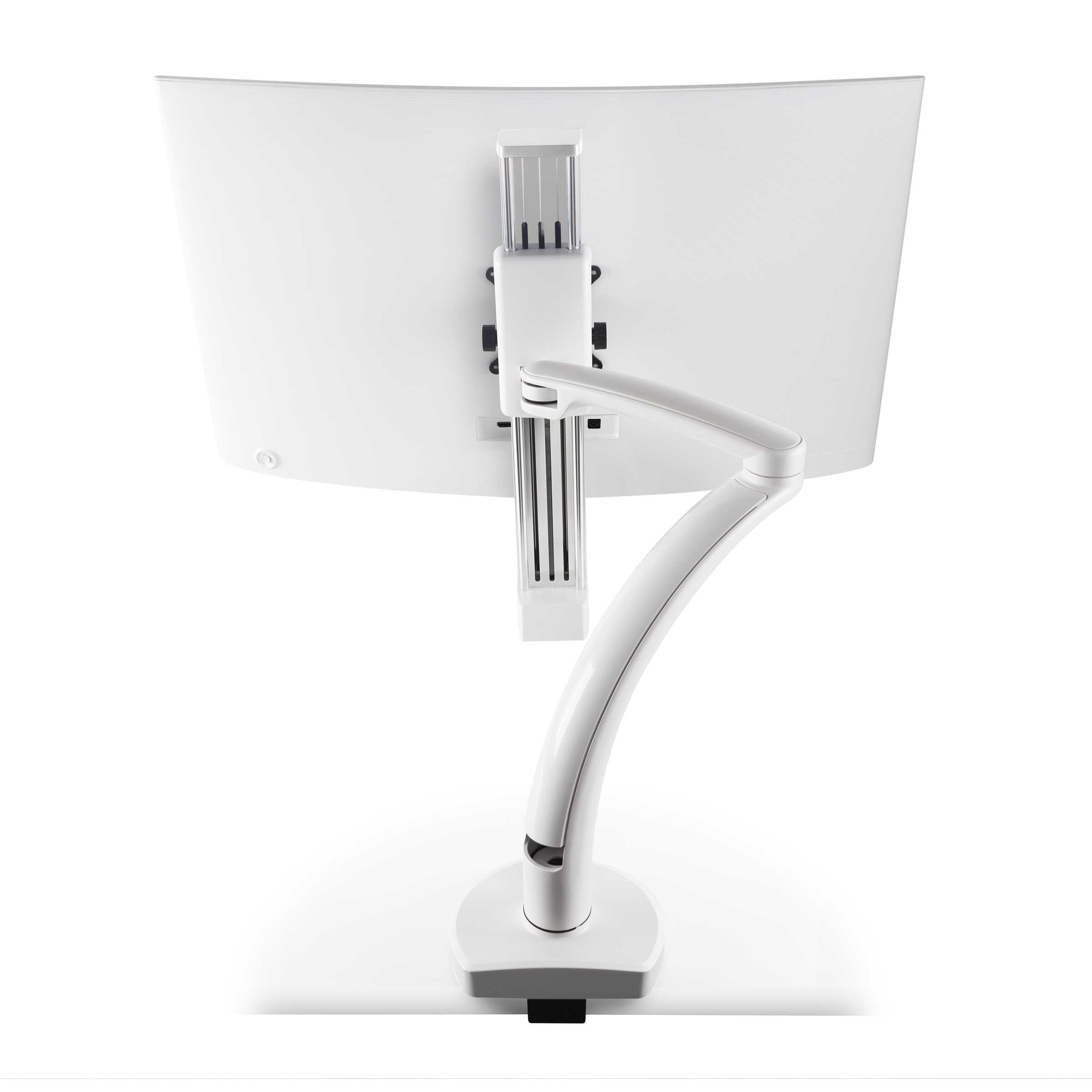 Ella-1-CM-248-back-inserts Ella 1 CM 248 back inserts <ul> <li>Screen size up to: 43"</li> <li>Available in Flat White, Silver, Vista Black</li> <li>Height adjustment: 11.5" | Extension range 24.4"</li> <li>Pivot: Landscape / Portrait</li> <li>Rotation: 180° at base, 360° at upper joints</li> <li>Mount Configurations: Desk Edge and Grommet</li> <li>Vesa Compatibility: 75 & 100mm, adapter included</li> <li>Warranty 10 Years</li> </ul>