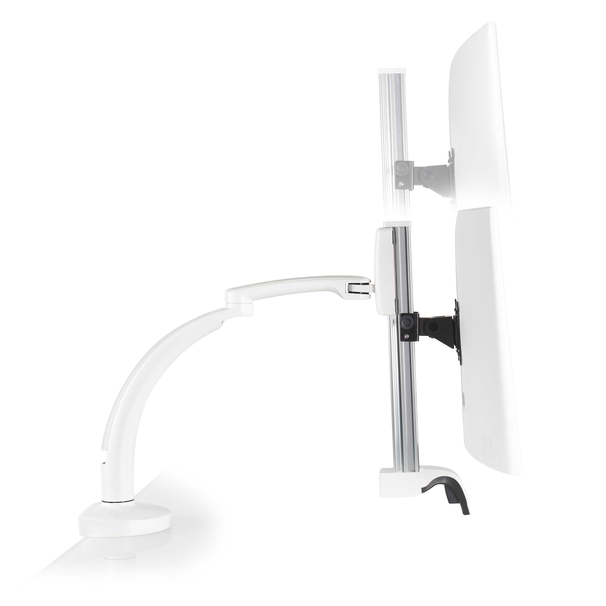 Ella-1-CM-248-height-adjustment Ella 1 CM 248 height adjustment <ul> <li>Screen size up to: 43"</li> <li>Available in Flat White, Silver, Vista Black</li> <li>Height adjustment: 11.5" | Extension range 24.4"</li> <li>Pivot: Landscape / Portrait</li> <li>Rotation: 180° at base, 360° at upper joints</li> <li>Mount Configurations: Desk Edge and Grommet</li> <li>Vesa Compatibility: 75 & 100mm, adapter included</li> <li>Warranty 10 Years</li> </ul>