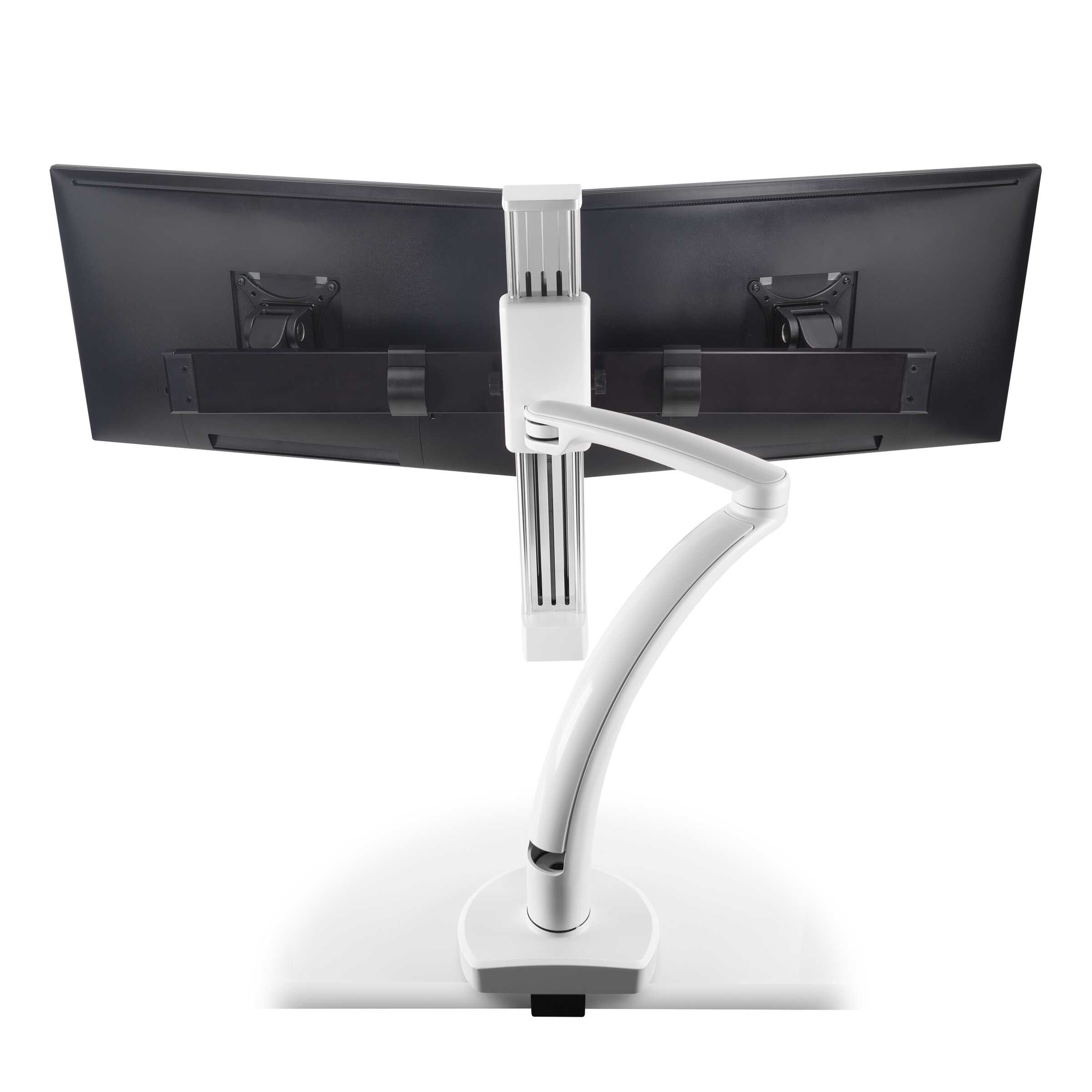 Ella-2-CM-248-back Ella 2 CM 248 back <ul> <li>Screen size up to: 30"</li> <li>Available in Flat White, Silver, Vista Black</li> <li>Height adjustment: 11.5" | Extension range 24.4"</li> <li>Pivot: Landscape / Portrait</li> <li>Rotation: 180° at base, 360° at upper joints</li> <li>Mount Configurations: Desk Edge and Grommet</li> <li>Vesa Compatibility: 75 & 100mm, adapter included</li> <li>Warranty 10 Years</li> </ul>