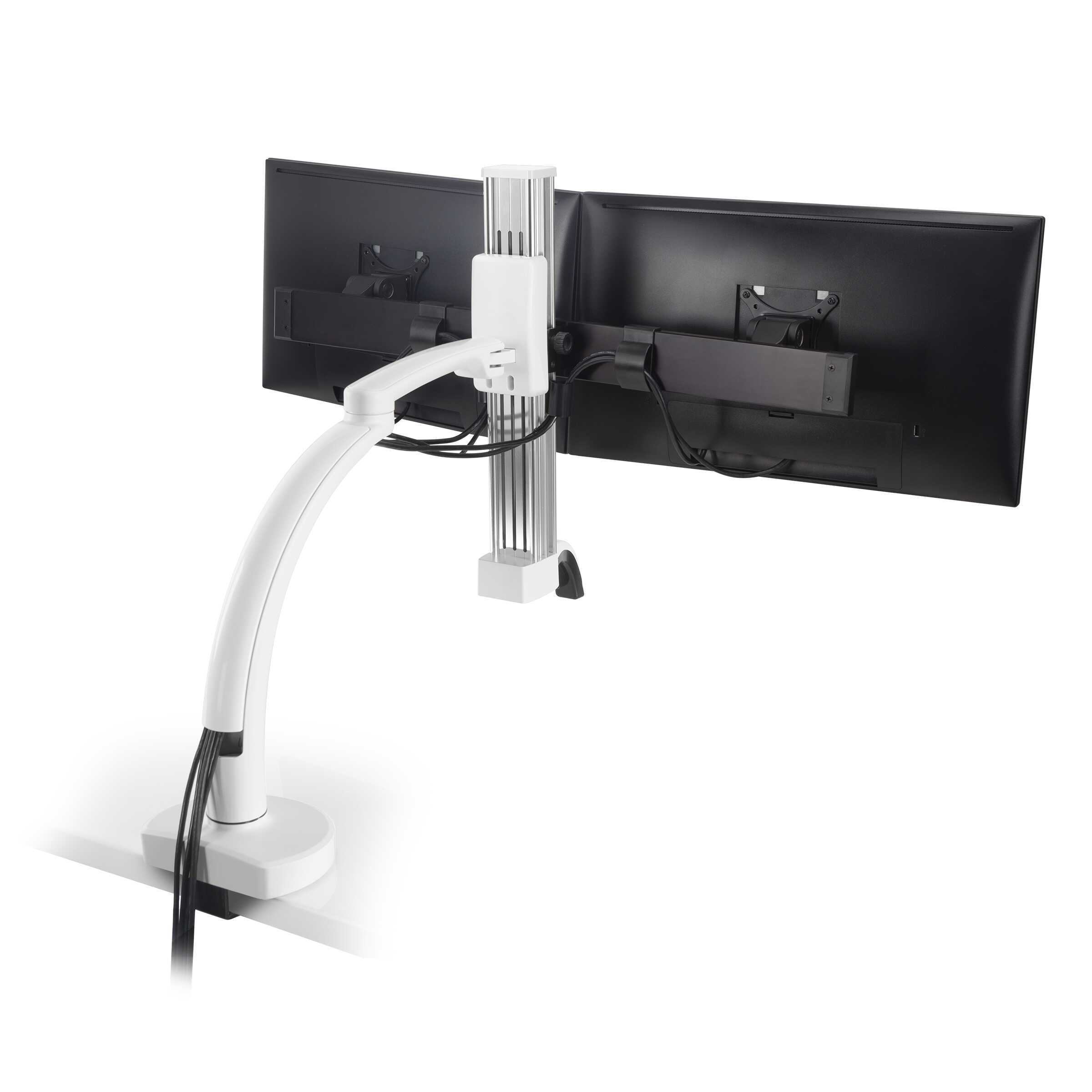 Ella-2-CM-248-cable-management Ella 2 CM 248 cable management <ul> <li>Screen size up to: 30"</li> <li>Available in Flat White, Silver, Vista Black</li> <li>Height adjustment: 11.5" | Extension range 24.4"</li> <li>Pivot: Landscape / Portrait</li> <li>Rotation: 180° at base, 360° at upper joints</li> <li>Mount Configurations: Desk Edge and Grommet</li> <li>Vesa Compatibility: 75 & 100mm, adapter included</li> <li>Warranty 10 Years</li> </ul>