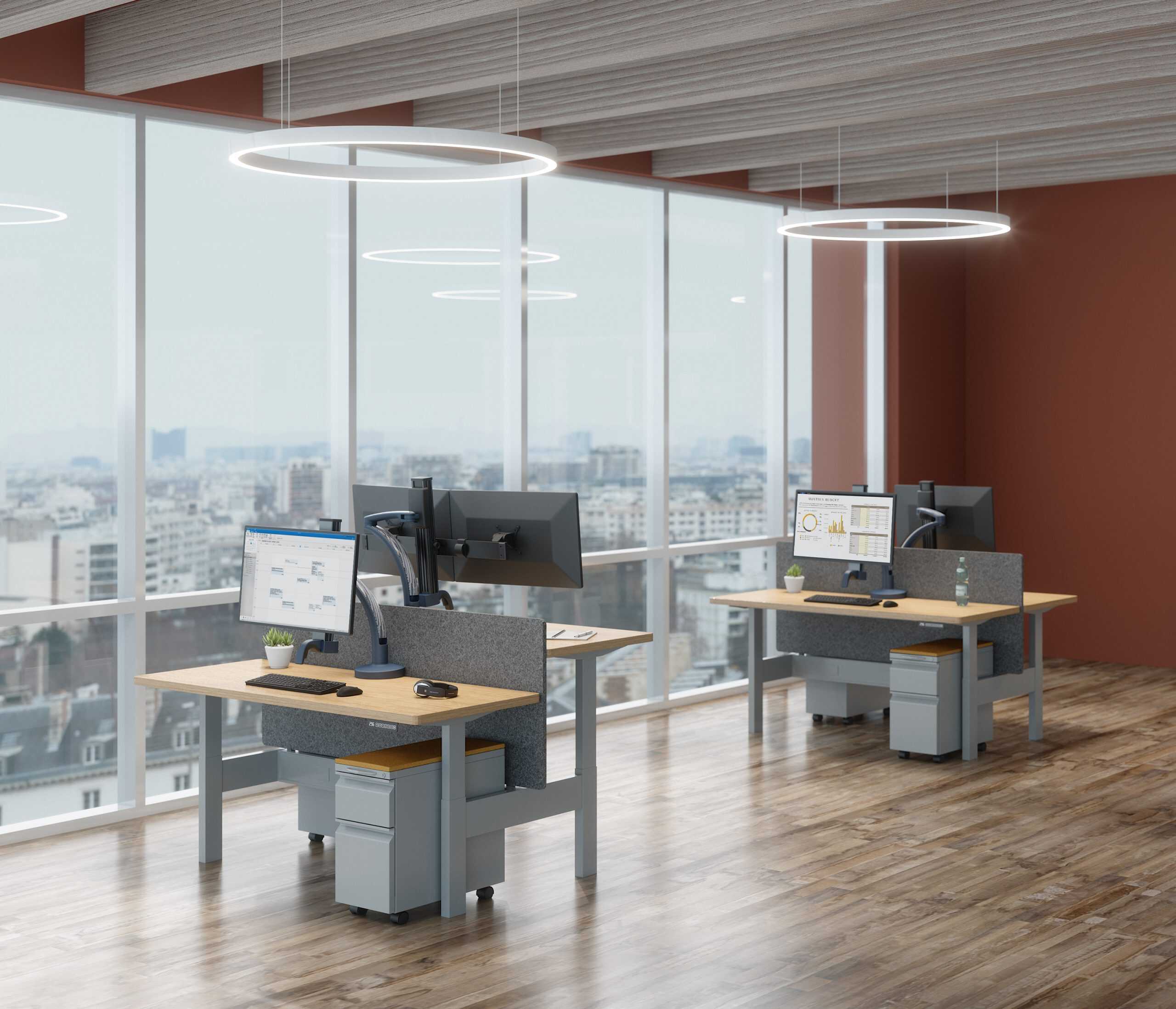 Ella - lifestyle - HAT benching 2-pack - windows Ella lifestyle HAT benching 2 pack windows scaled <ul> <li>Screen size up to: 30"</li> <li>Available in Flat White, Silver, Vista Black</li> <li>Height adjustment: 11.5" | Extension range 24.4"</li> <li>Pivot: Landscape / Portrait</li> <li>Rotation: 180° at base, 360° at upper joints</li> <li>Mount Configurations: Desk Edge and Grommet</li> <li>Vesa Compatibility: 75 & 100mm, adapter included</li> <li>Warranty 10 Years</li> </ul>