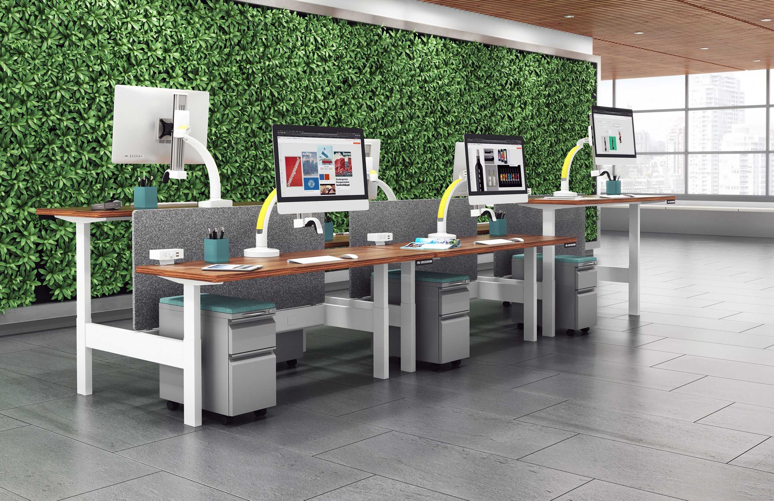 Ella - lifestyle - HAT benching 6-pack - biophilic wall Ella lifestyle HAT benching 6 pack biophilic wall scaled <ul> <li>Screen size up to: 30"</li> <li>Available in Flat White, Silver, Vista Black</li> <li>Height adjustment: 11.5" | Extension range 24.4"</li> <li>Pivot: Landscape / Portrait</li> <li>Rotation: 180° at base, 360° at upper joints</li> <li>Mount Configurations: Desk Edge and Grommet</li> <li>Vesa Compatibility: 75 & 100mm, adapter included</li> <li>Warranty 10 Years</li> </ul>