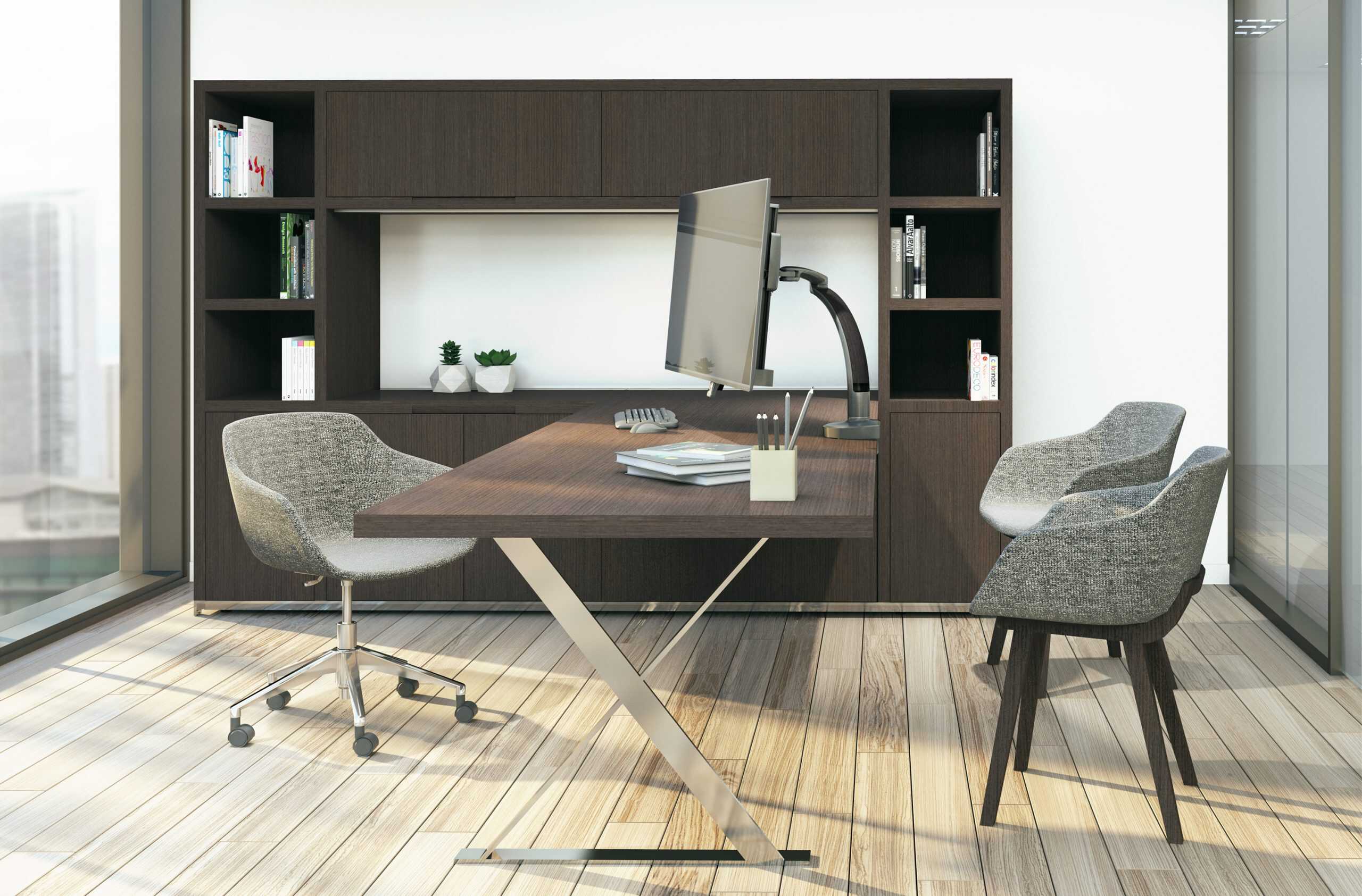 Ella - lifestyle - traditional office Ella lifestyle traditional office scaled <ul> <li>Screen size up to: 30"</li> <li>Available in Flat White, Silver, Vista Black</li> <li>Height adjustment: 11.5" | Extension range 24.4"</li> <li>Pivot: Landscape / Portrait</li> <li>Rotation: 180° at base, 360° at upper joints</li> <li>Mount Configurations: Desk Edge and Grommet</li> <li>Vesa Compatibility: 75 & 100mm, adapter included</li> <li>Warranty 10 Years</li> </ul>