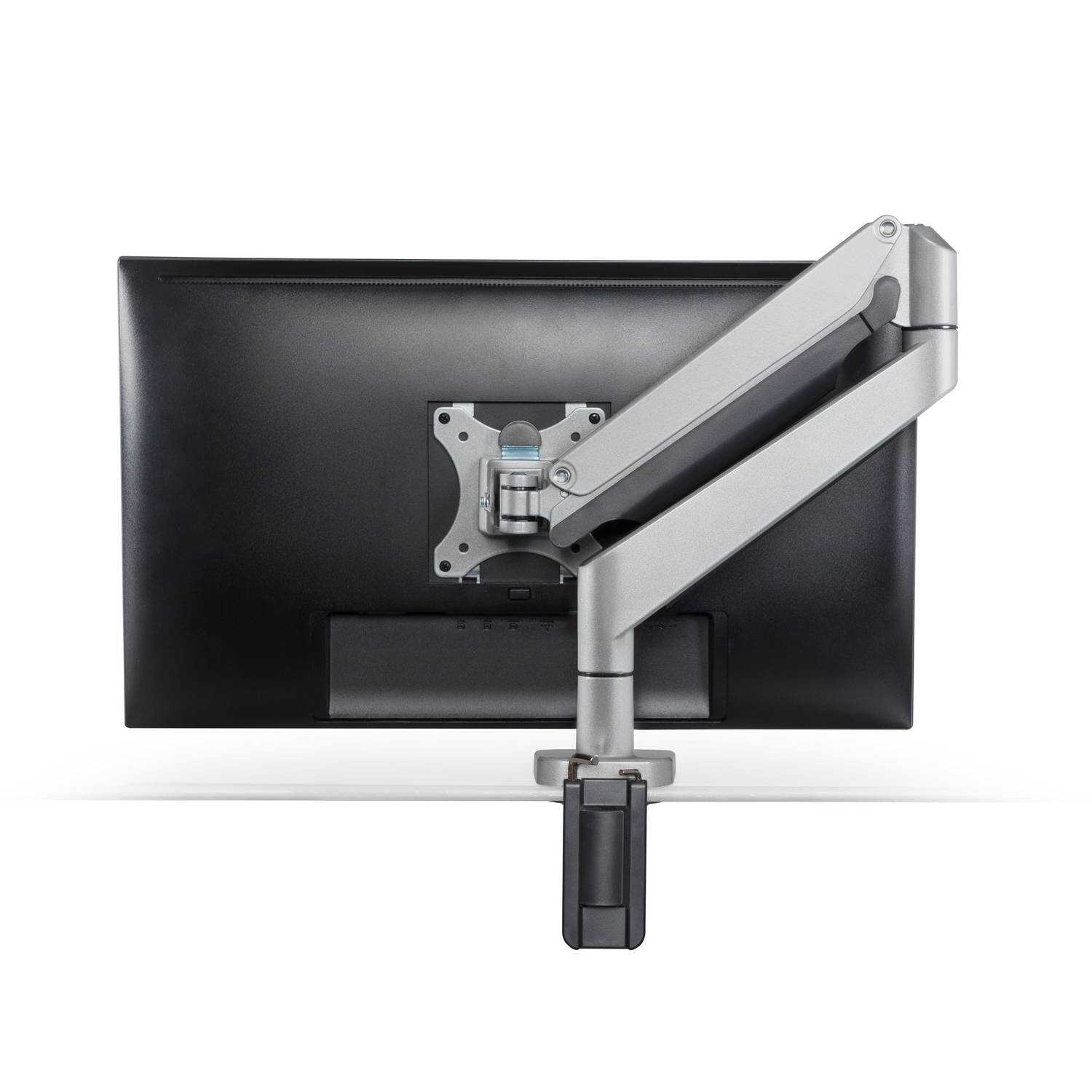 Envoy-1_back Envoy 1 back <ul> <li>Screen size: Up to 32"</li> <li>Mount supports monitors 2.2 - 19.8 lbs.</li> <li>Color: Silver</li> <li>Height Adjustment: 13.2 | Extension Range 23.7"</li> <li>Pivot: Landscape / Portrait</li> <li>Rotation: 270° at base, 360° at mid joint, 180° at upper joint</li> <li>VESA Compatibility: 75 & 100mm, quick-release adapter included</li> <li>Warranty 10 years</li> </ul>
