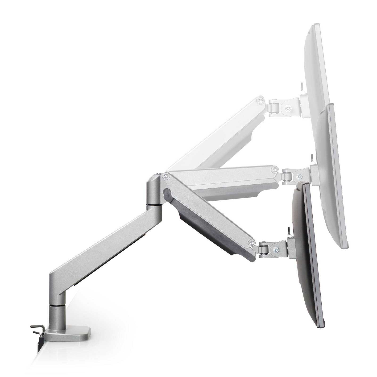 Envoy-1_height-adjust Envoy 1 height adjust <ul> <li>Screen size: Up to 32"</li> <li>Mount supports monitors 2.2 - 19.8 lbs.</li> <li>Color: Silver</li> <li>Height Adjustment: 13.2 | Extension Range 23.7"</li> <li>Pivot: Landscape / Portrait</li> <li>Rotation: 270° at base, 360° at mid joint, 180° at upper joint</li> <li>VESA Compatibility: 75 & 100mm, quick-release adapter included</li> <li>Warranty 10 years</li> </ul>
