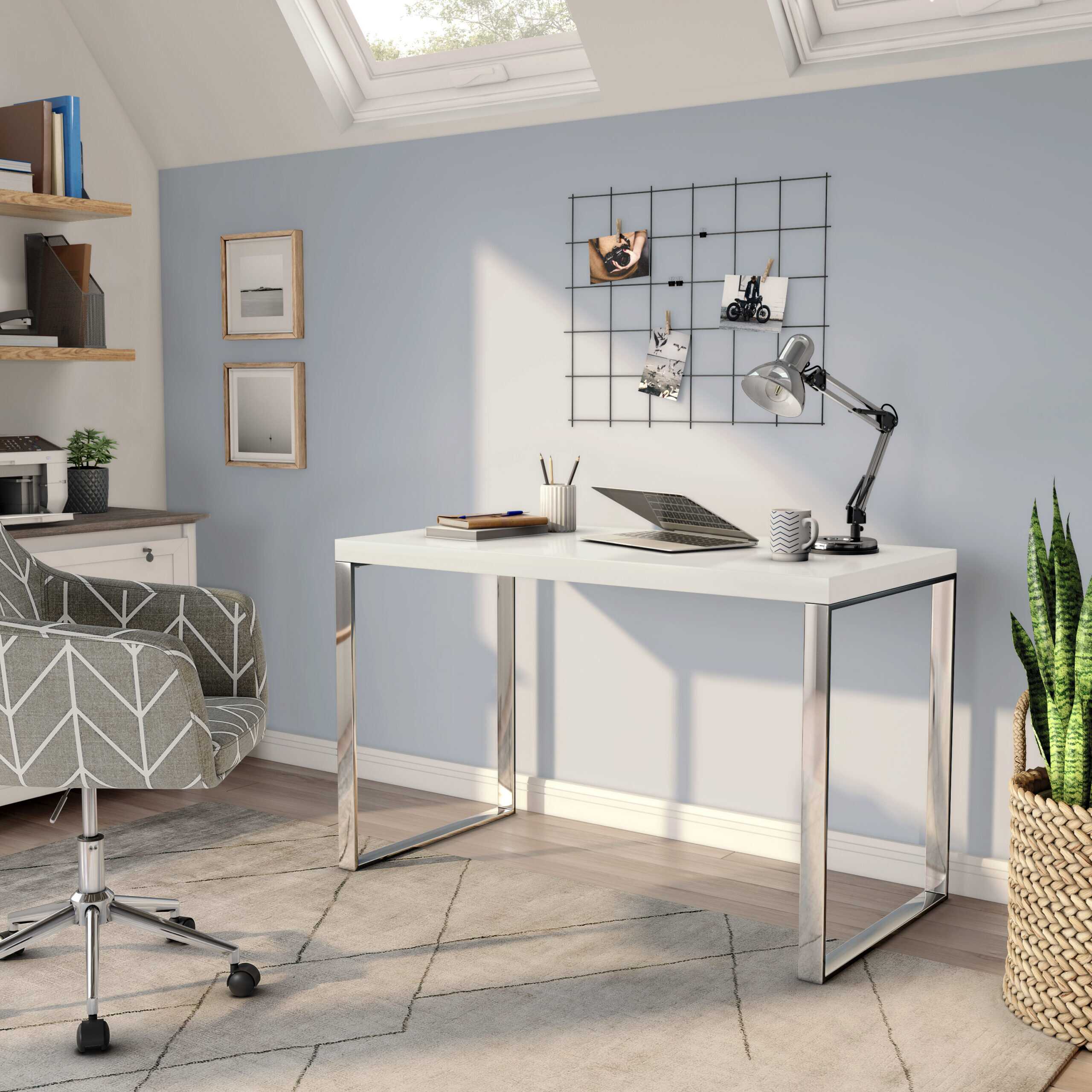 Dillon 47" Desk 09815WHT Dillon Desk in High Gloss White with Polished Stainless Steel Base
